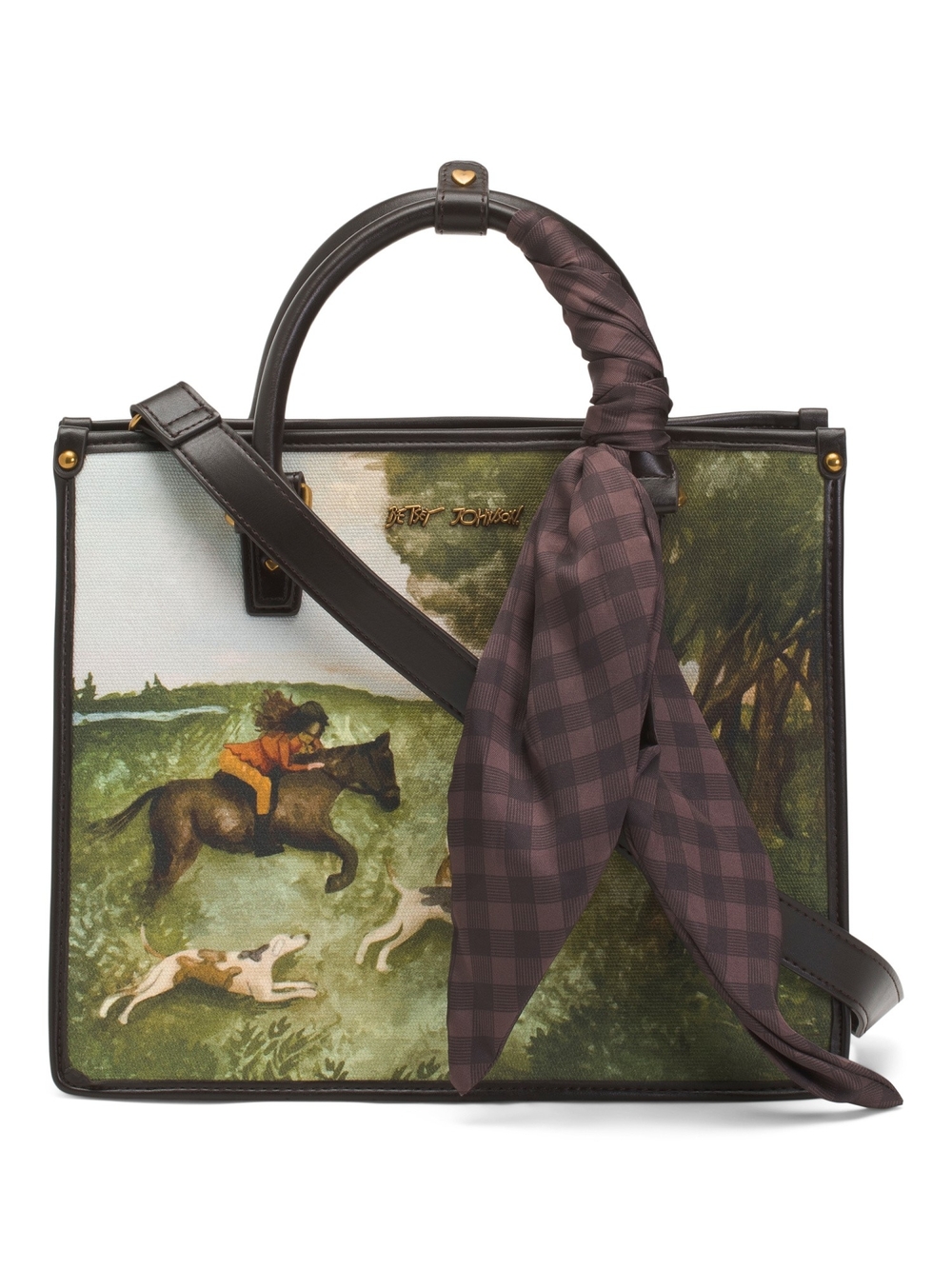 Betsey Johnson Painted Hunting Scene Satchel in Brown, Green